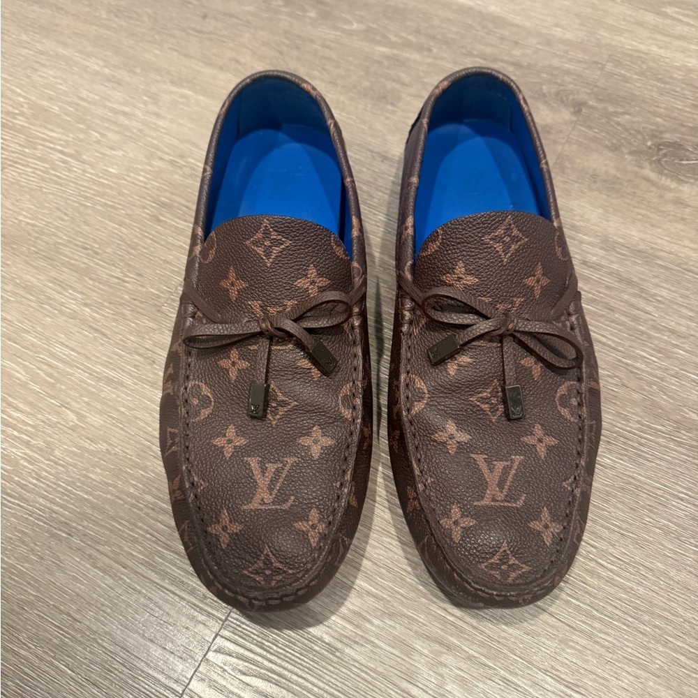 Louis Vuitton Brown Monogram Loafers with Vibrant Blue Lining